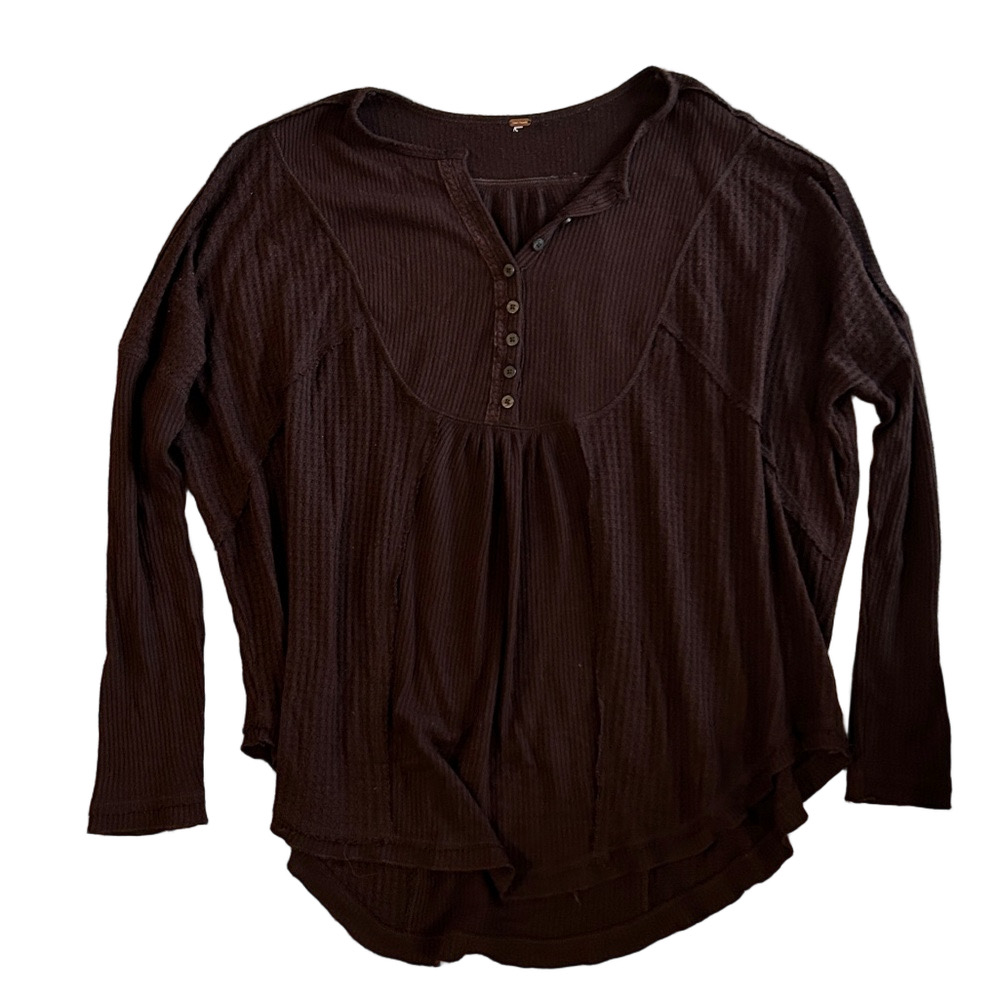 Free People Brown Leo Henley Waffle Knit Oversized Long Sleeve Thermal Top Small